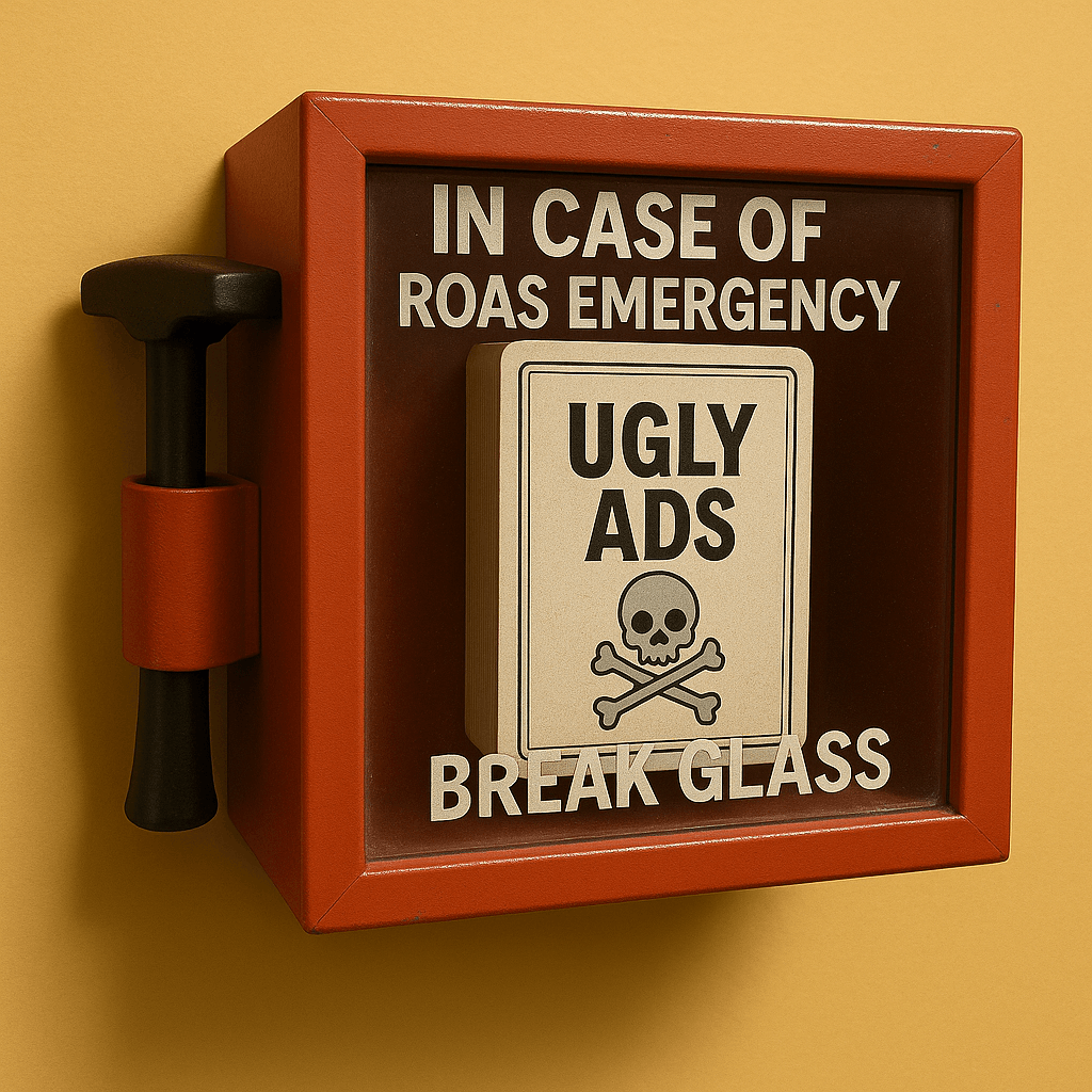 Emergency box labeled 'In Case of ROAS Emergency Break Glass' with Ugly Ads inside